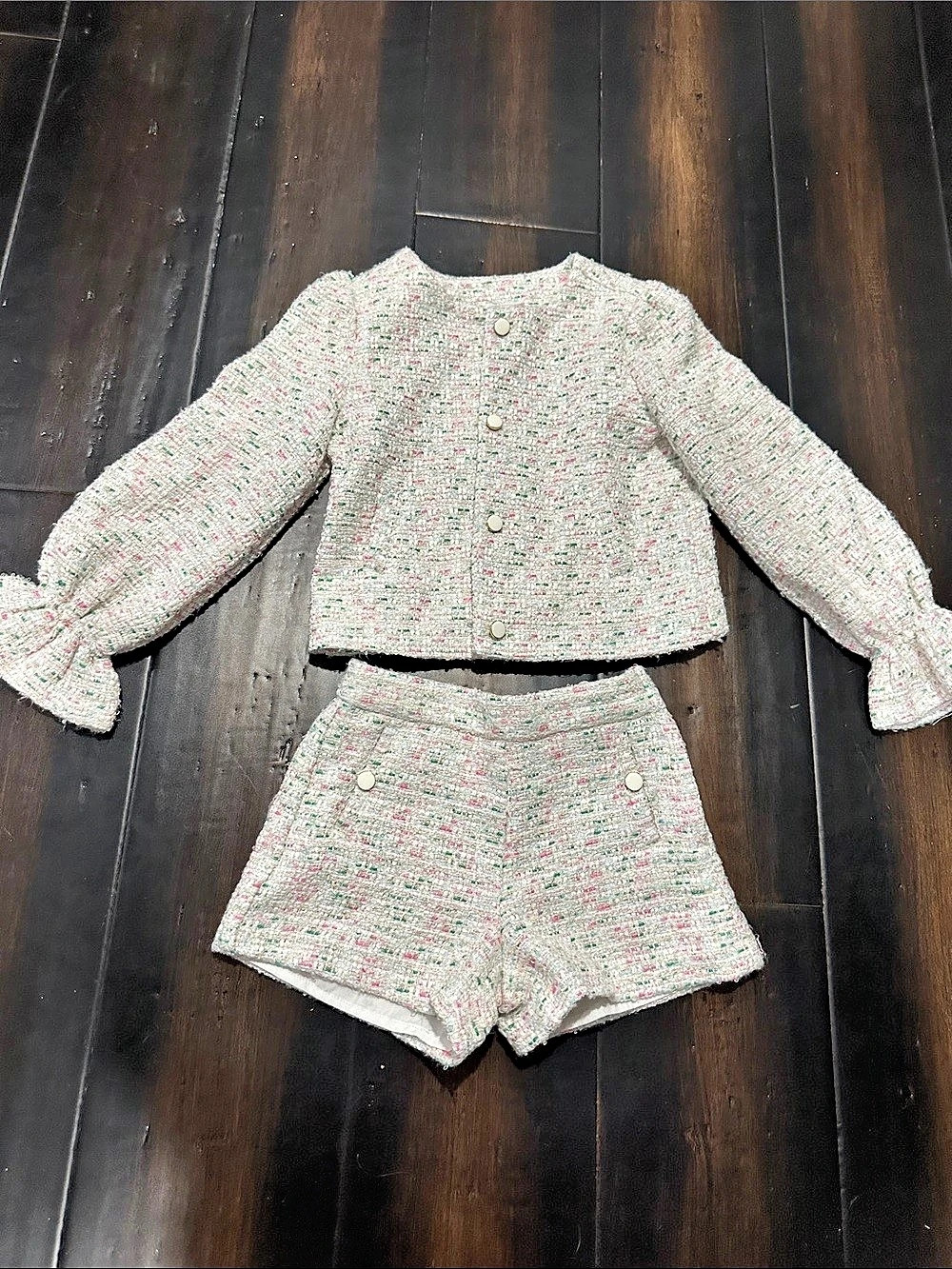 Tweed Jacket & Shorts Set in White & Pink Like New